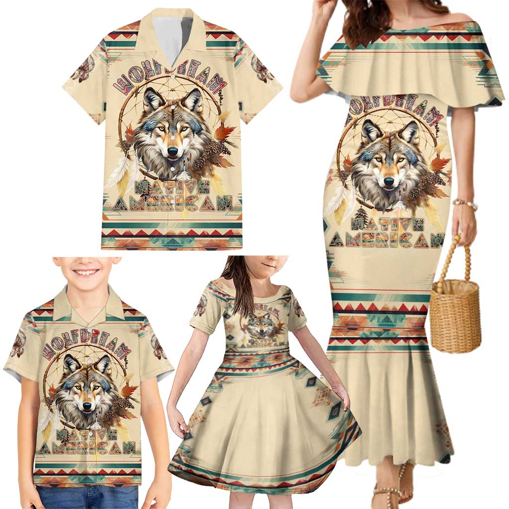 Native American Wolf Dreamcatcher Family Matching Mermaid Dress and Hawaiian Shirt Vintage Style