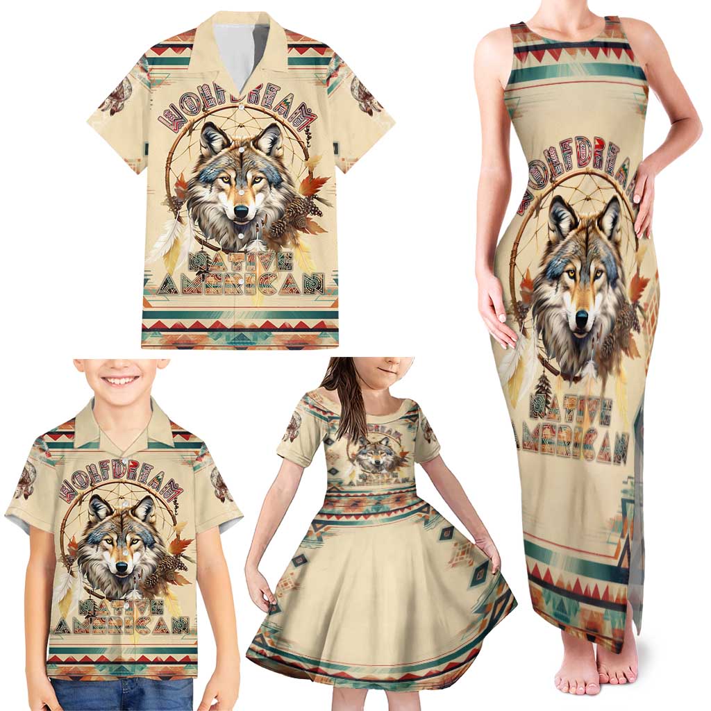 Native American Wolf Dreamcatcher Family Matching Tank Maxi Dress and Hawaiian Shirt Vintage Style