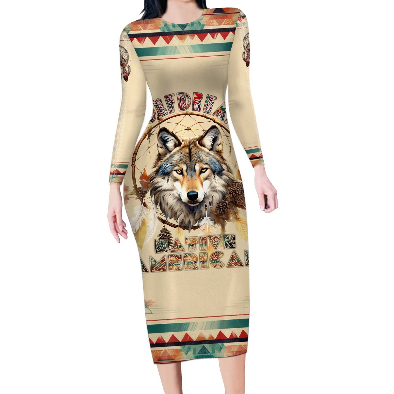 Native American Wolf Dreamcatcher Long Sleeve Bodycon Dress Vintage Style