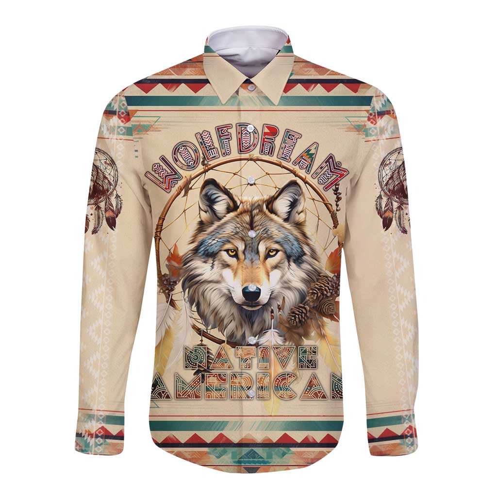 Beige long-sleeve button shirt with large wolf dreamcatcher graphic on front