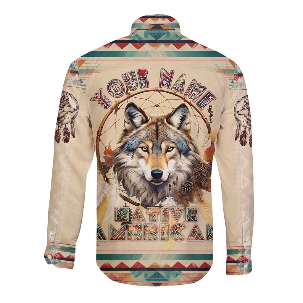 Beige long-sleeve button shirt with wolf dreamcatcher graphic on back