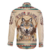 Beige long-sleeve button shirt with wolf dreamcatcher graphic on back