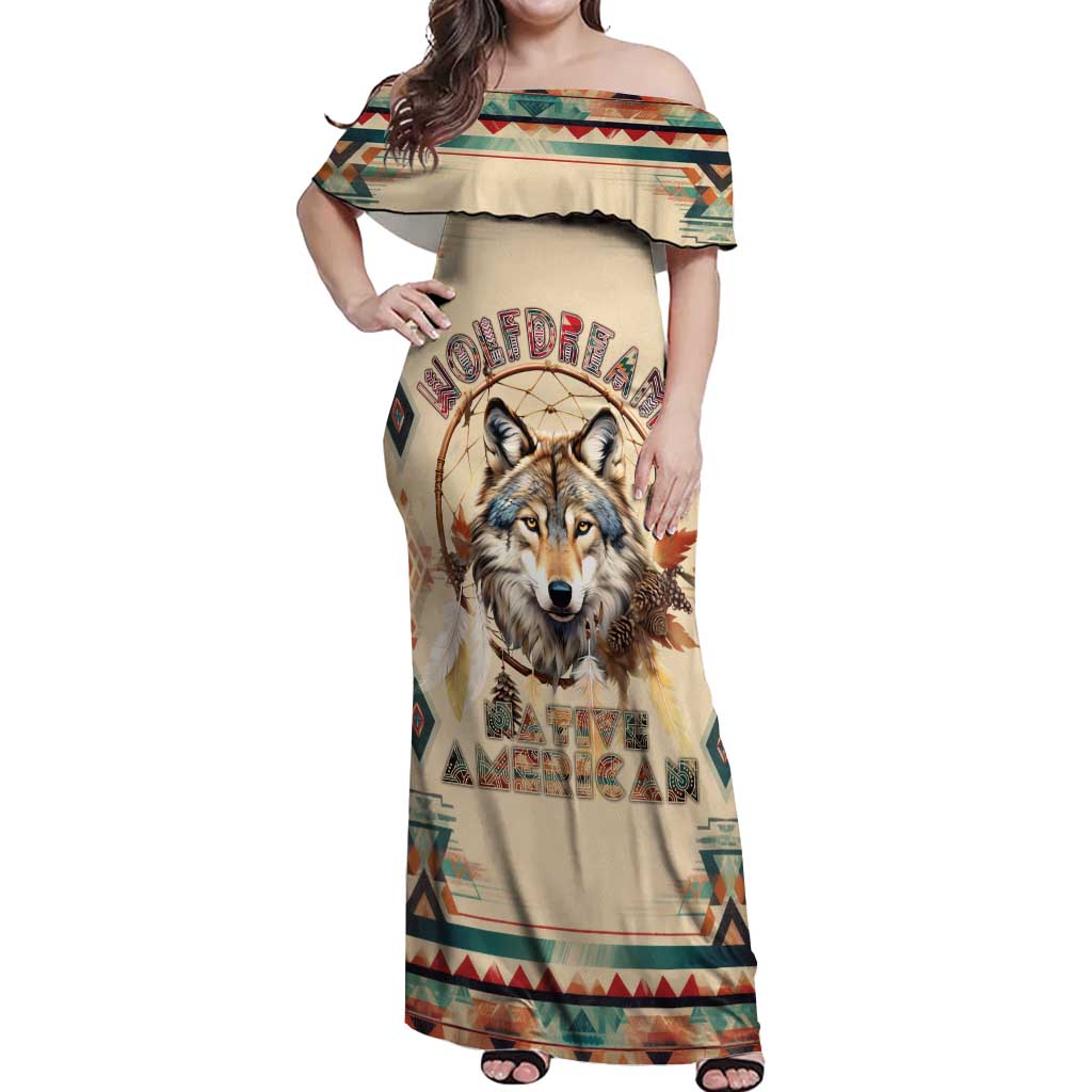 Native American Wolf Dreamcatcher Off Shoulder Maxi Dress Vintage Style