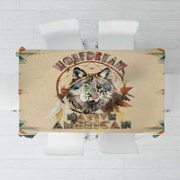 Beige wolf dreamcatcher tablecloth with colorful border and central wolf print