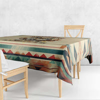 Beige wolf tablecloth with multicolor geometric stripe and draped corners