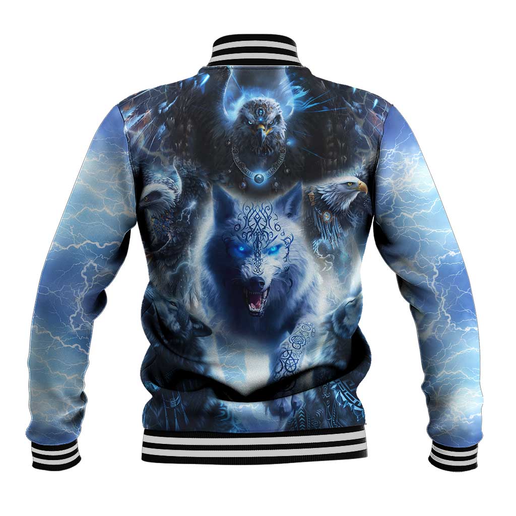 Blue baseball jacket back with ribbed collar and cuffs, button front, eagle and wolf artwork