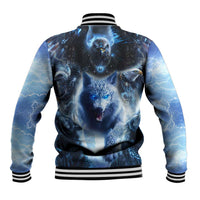 Blue baseball jacket back with ribbed collar and cuffs, button front, eagle and wolf artwork