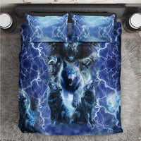 Blue wolf and eagle duvet cover with two pillowcases, top-down view
