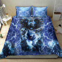 Blue wolf and eagle bedding set shown from above: duvet cover with two pillowcases