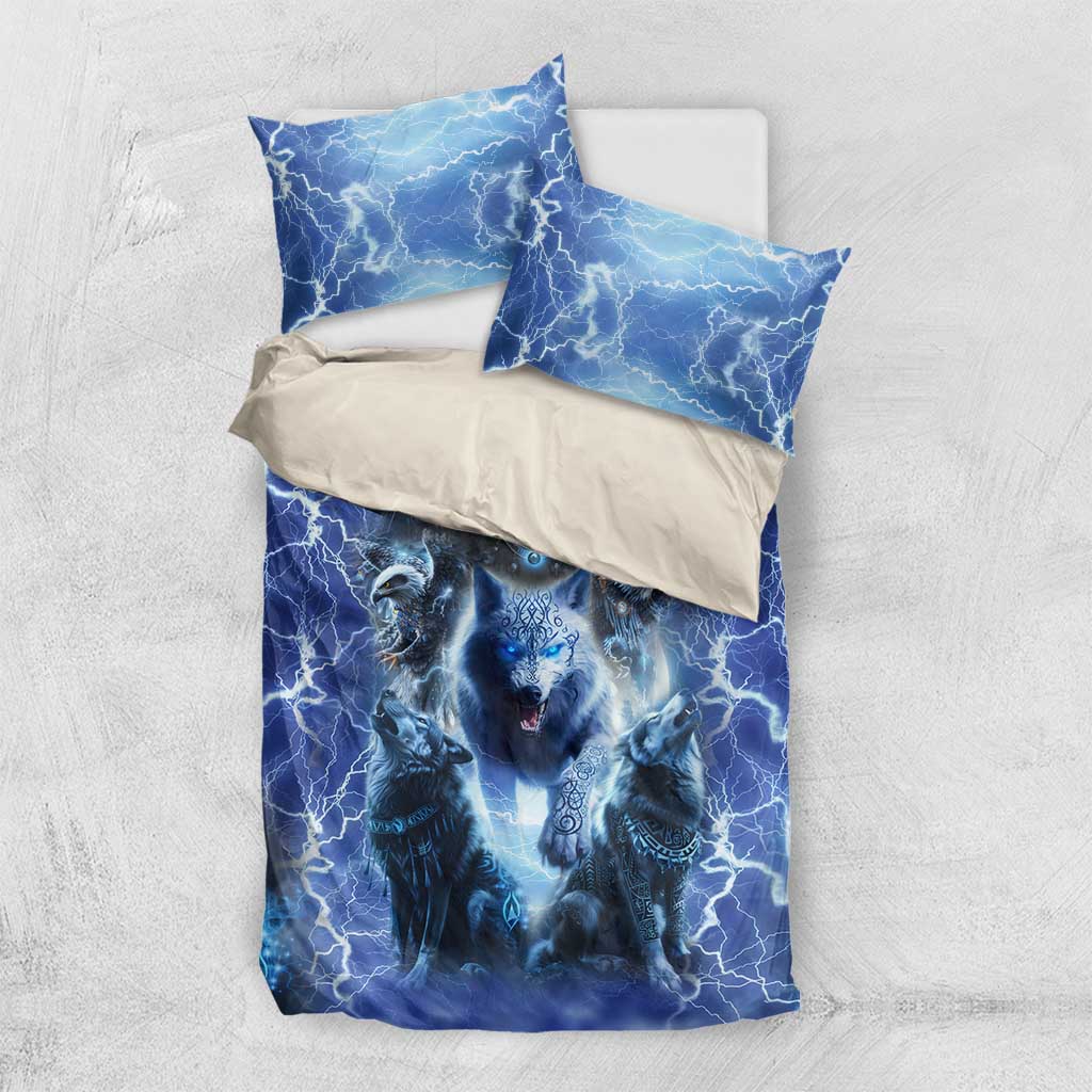 Blue wolf and eagle duvet cover set with two pillowcases laid flat