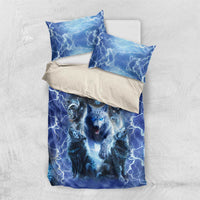 Blue wolf and eagle duvet cover set with two pillowcases laid flat