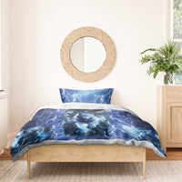Blue wolf and eagle bedding set with duvet cover and two matching pillowcases on bed