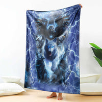 Blue wolf and eagle throw blanket with electric lightning artwork, draped