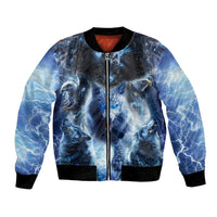 Blue bomber jacket with wolf and eagle graphic, zip front, ribbed collar and cuffs