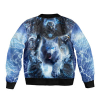 Blue bomber jacket back print with wolf/eagle figures, ribbed collar and hem