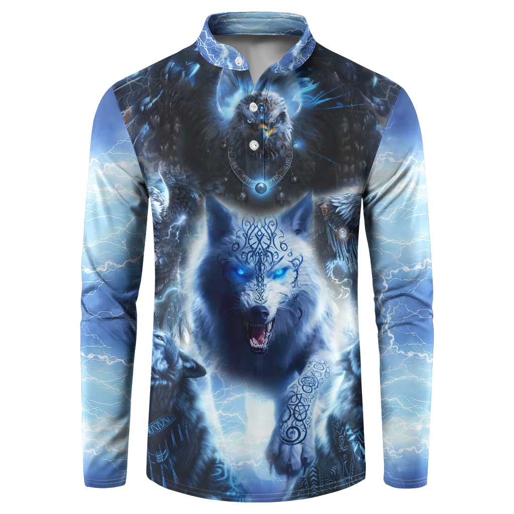 Button-front blue sweatshirt featuring wolf head and eagle emblem graphic, long sleeves.