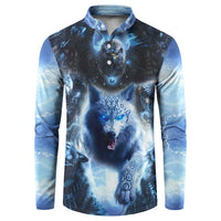 Button-front blue sweatshirt featuring wolf head and eagle emblem graphic, long sleeves.