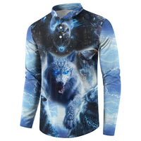 Blue button-front sweatshirt with wolf and eagle wildlife artwork, long sleeves.