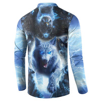 Back view of blue button-front sweatshirt with eagle and wolf graphic, long sleeves.