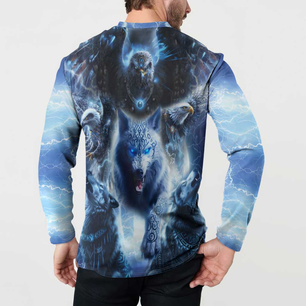 Blue button-front sweatshirt back view with eagle and wolf artwork, long sleeves.