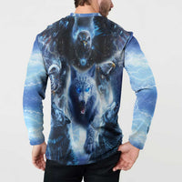 Blue button-front sweatshirt back view with eagle and wolf artwork, long sleeves.
