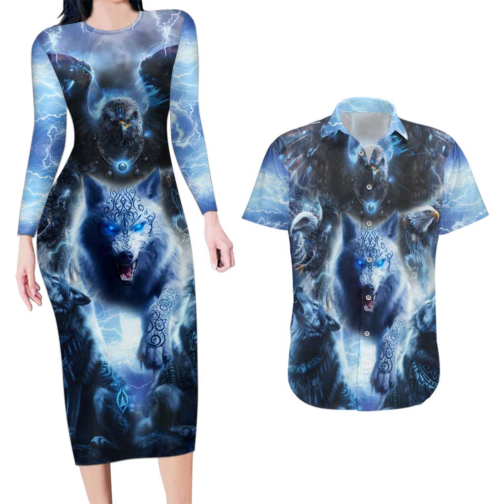 Native American Wolf And Eagle Couples Matching Long Sleeve Bodycon Dress and Hawaiian Shirt Thunder Style