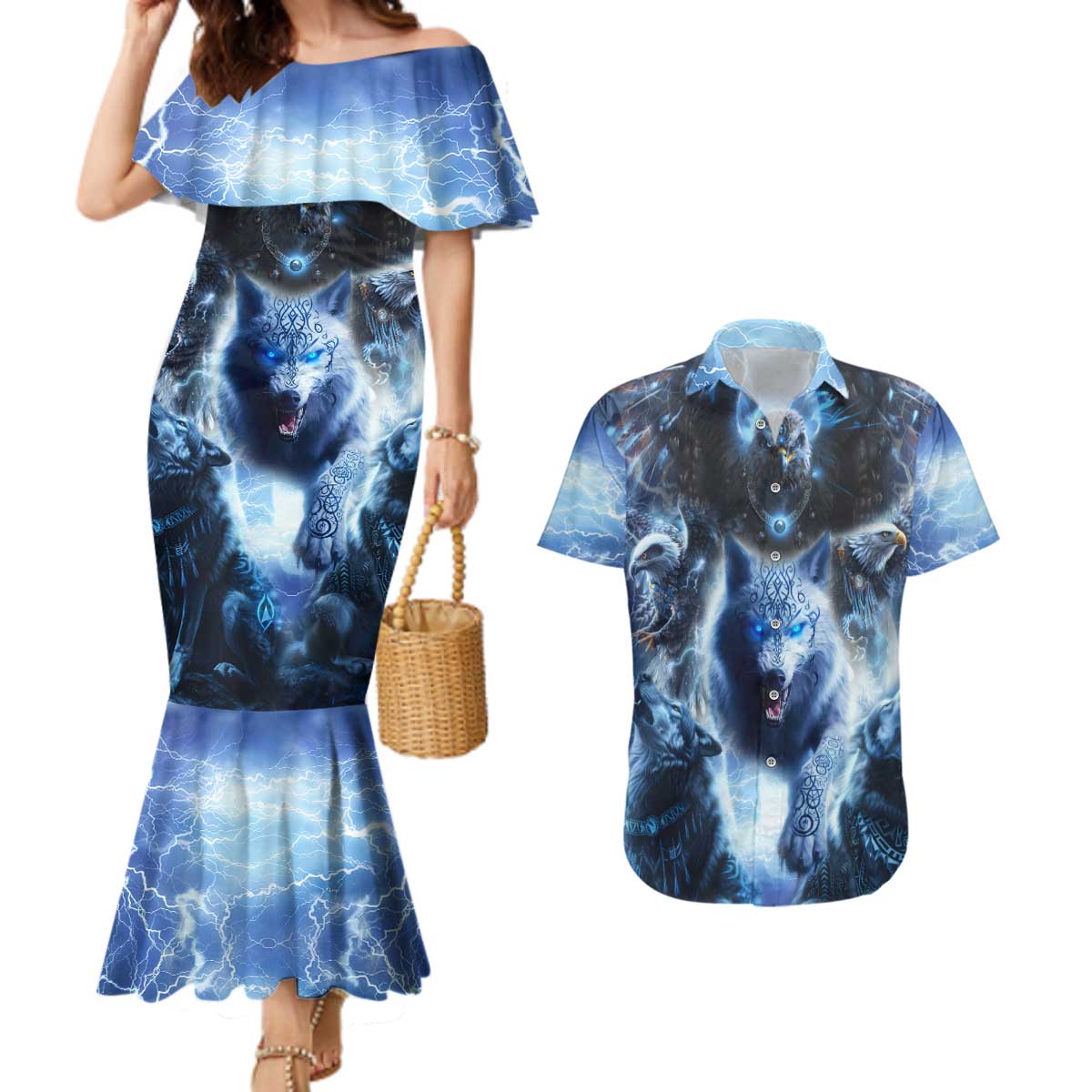 Native American Wolf And Eagle Couples Matching Mermaid Dress and Hawaiian Shirt Thunder Style