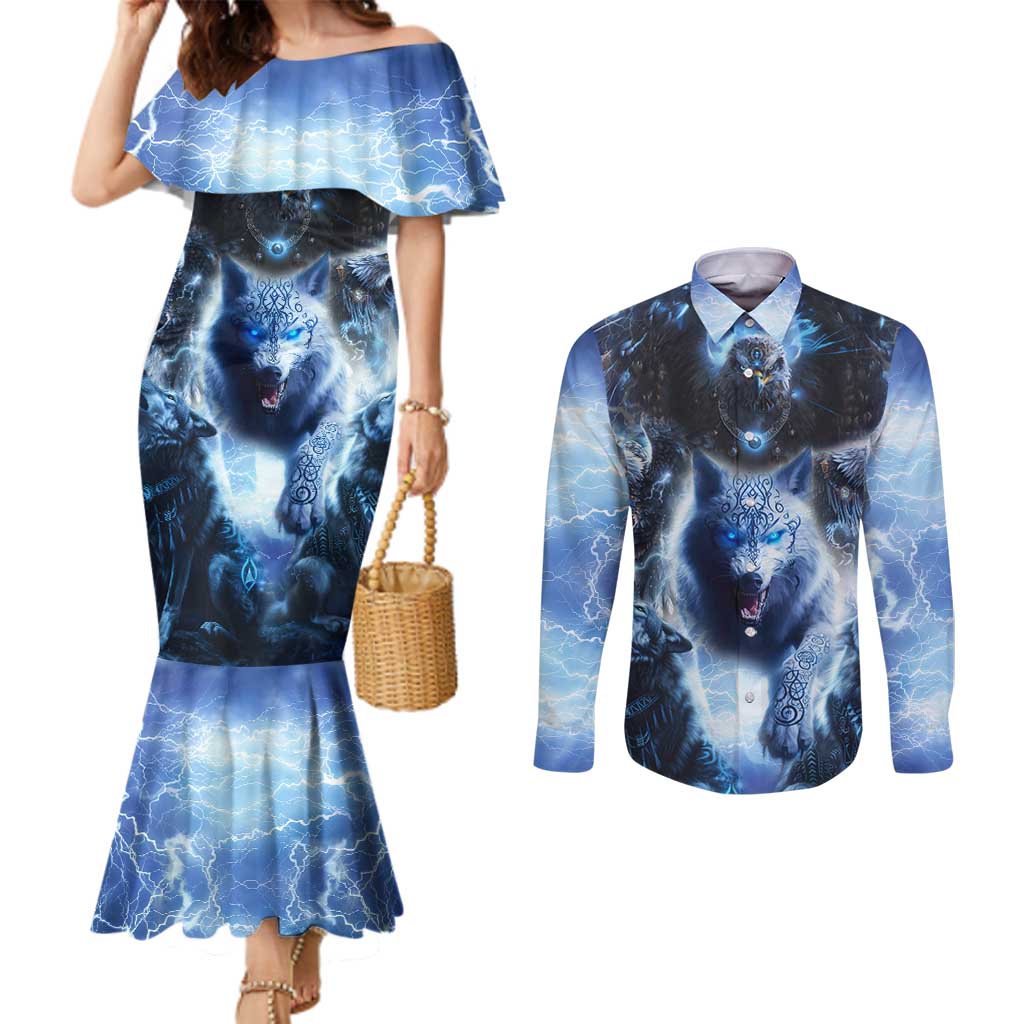 Native American Wolf And Eagle Couples Matching Mermaid Dress and Long Sleeve Button Shirt Thunder Style