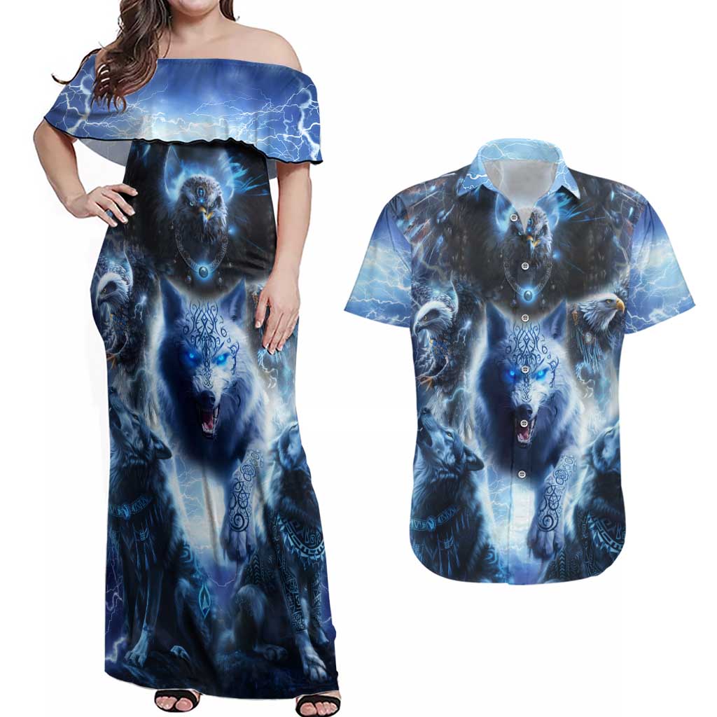 Native American Wolf And Eagle Couples Matching Off Shoulder Maxi Dress and Hawaiian Shirt Thunder Style