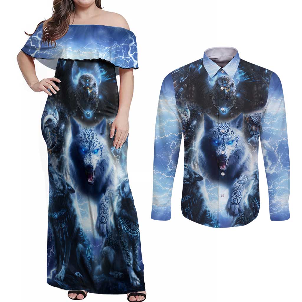 Native American Wolf And Eagle Couples Matching Off Shoulder Maxi Dress and Long Sleeve Button Shirt Thunder Style