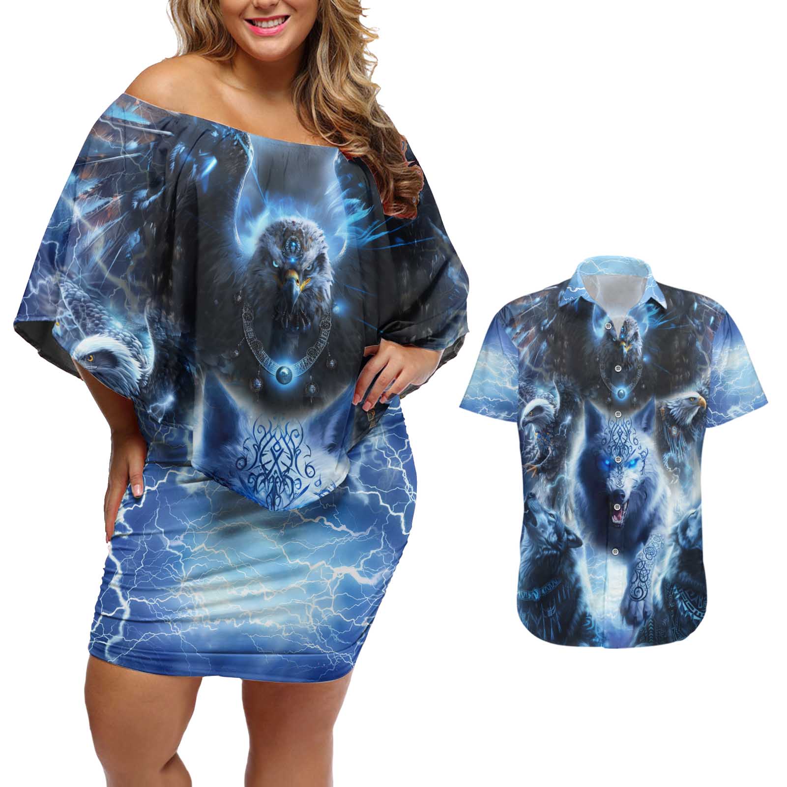 Native American Wolf And Eagle Couples Matching Off Shoulder Short Dress and Hawaiian Shirt Thunder Style - Wonder Print Shop