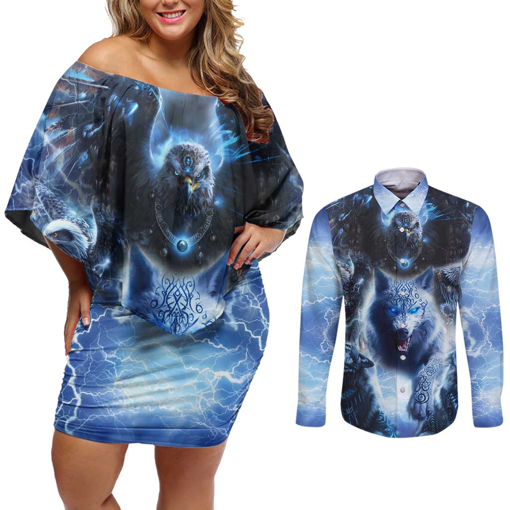 Native American Wolf And Eagle Couples Matching Off Shoulder Short Dress and Long Sleeve Button Shirt Thunder Style - Wonder Print Shop