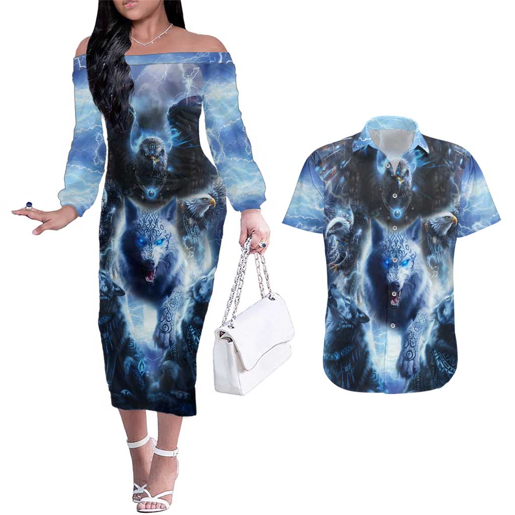 Native American Wolf And Eagle Couples Matching Off The Shoulder Long Sleeve Dress and Hawaiian Shirt Thunder Style