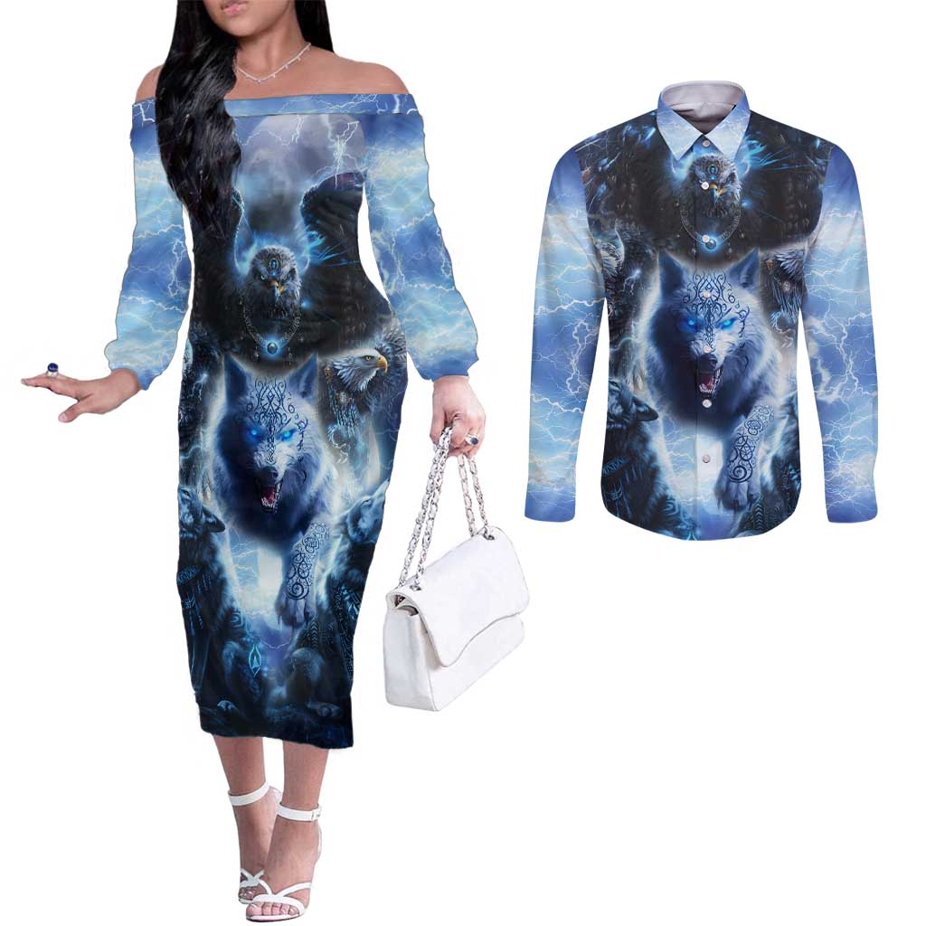 Native American Wolf And Eagle Couples Matching Off The Shoulder Long Sleeve Dress and Long Sleeve Button Shirt Thunder Style