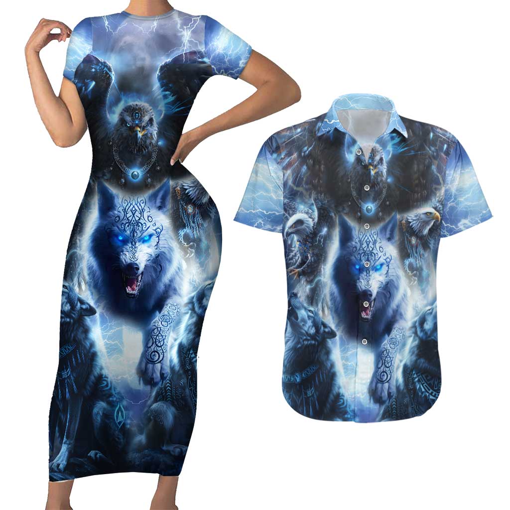 Native American Wolf And Eagle Couples Matching Short Sleeve Bodycon Dress and Hawaiian Shirt Thunder Style - Wonder Print Shop