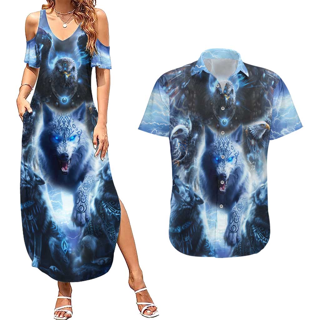 Native American Wolf And Eagle Couples Matching Summer Maxi Dress and Hawaiian Shirt Thunder Style