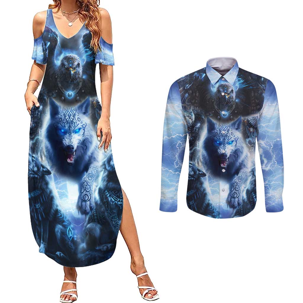 Native American Wolf And Eagle Couples Matching Summer Maxi Dress and Long Sleeve Button Shirt Thunder Style