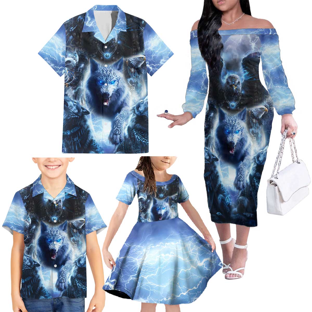 Native American Wolf And Eagle Family Matching Off The Shoulder Long Sleeve Dress and Hawaiian Shirt Thunder Style