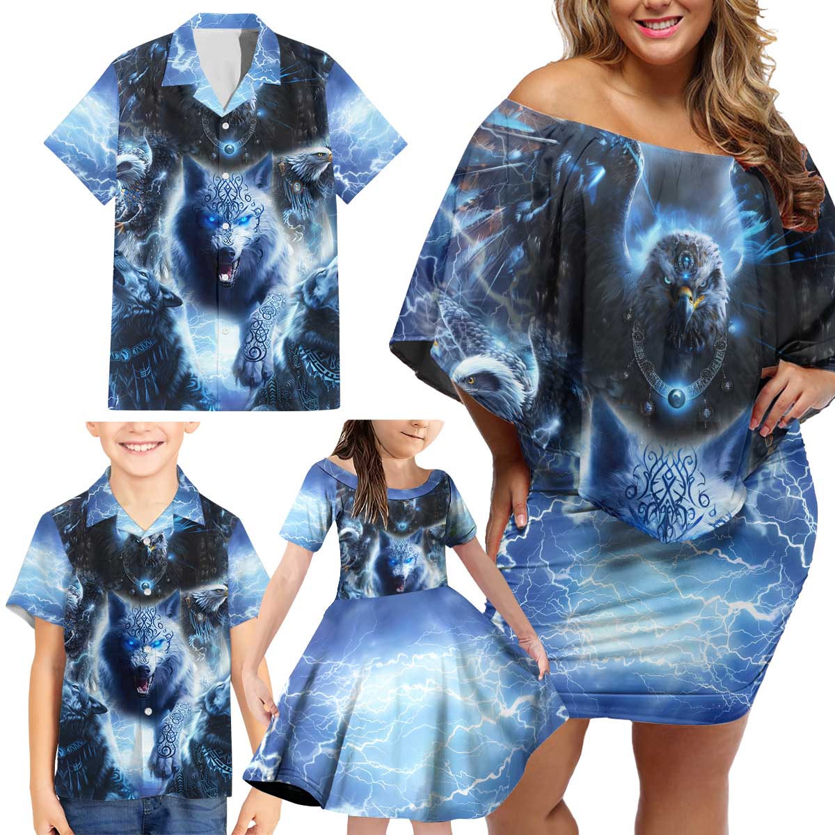 Native American Wolf And Eagle Family Matching Off Shoulder Short Dress and Hawaiian Shirt Thunder Style - Wonder Print Shop