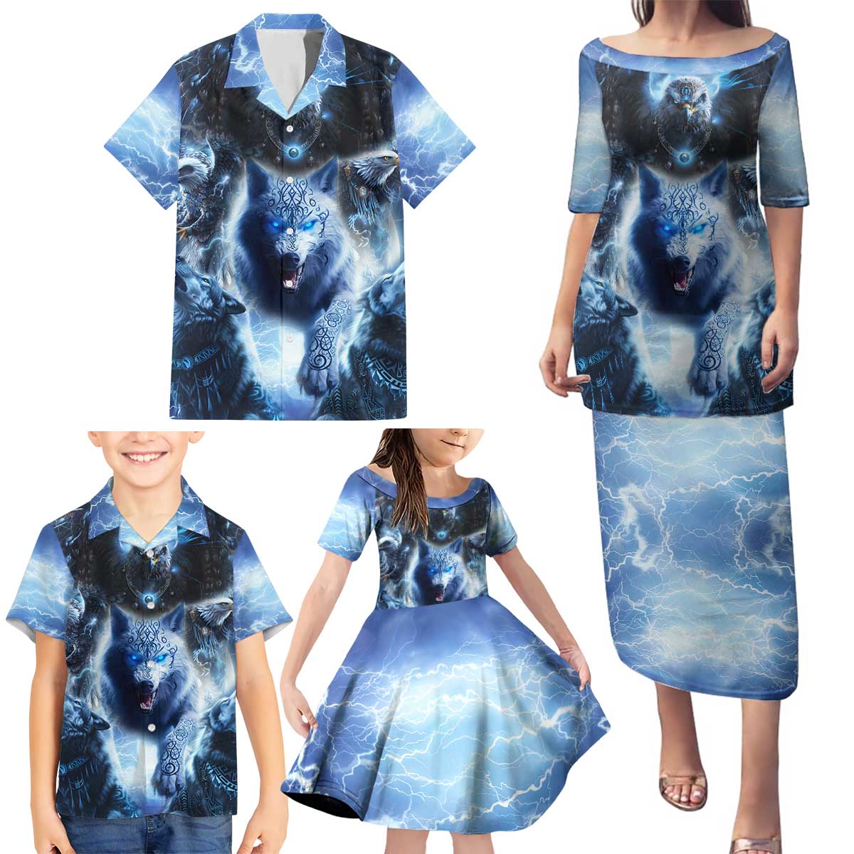 Native American Wolf And Eagle Family Matching Puletasi and Hawaiian Shirt Thunder Style - Wonder Print Shop