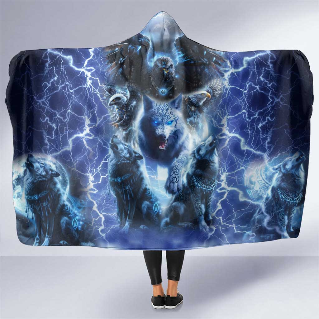 Native American Wolf And Eagle Hooded Blanket Thunder Style