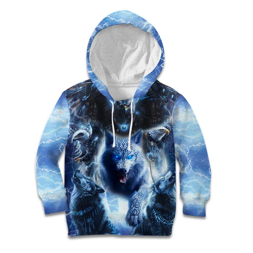 Native American Wolf And Eagle Kid Hoodie Thunder Style - Wonder Print Shop