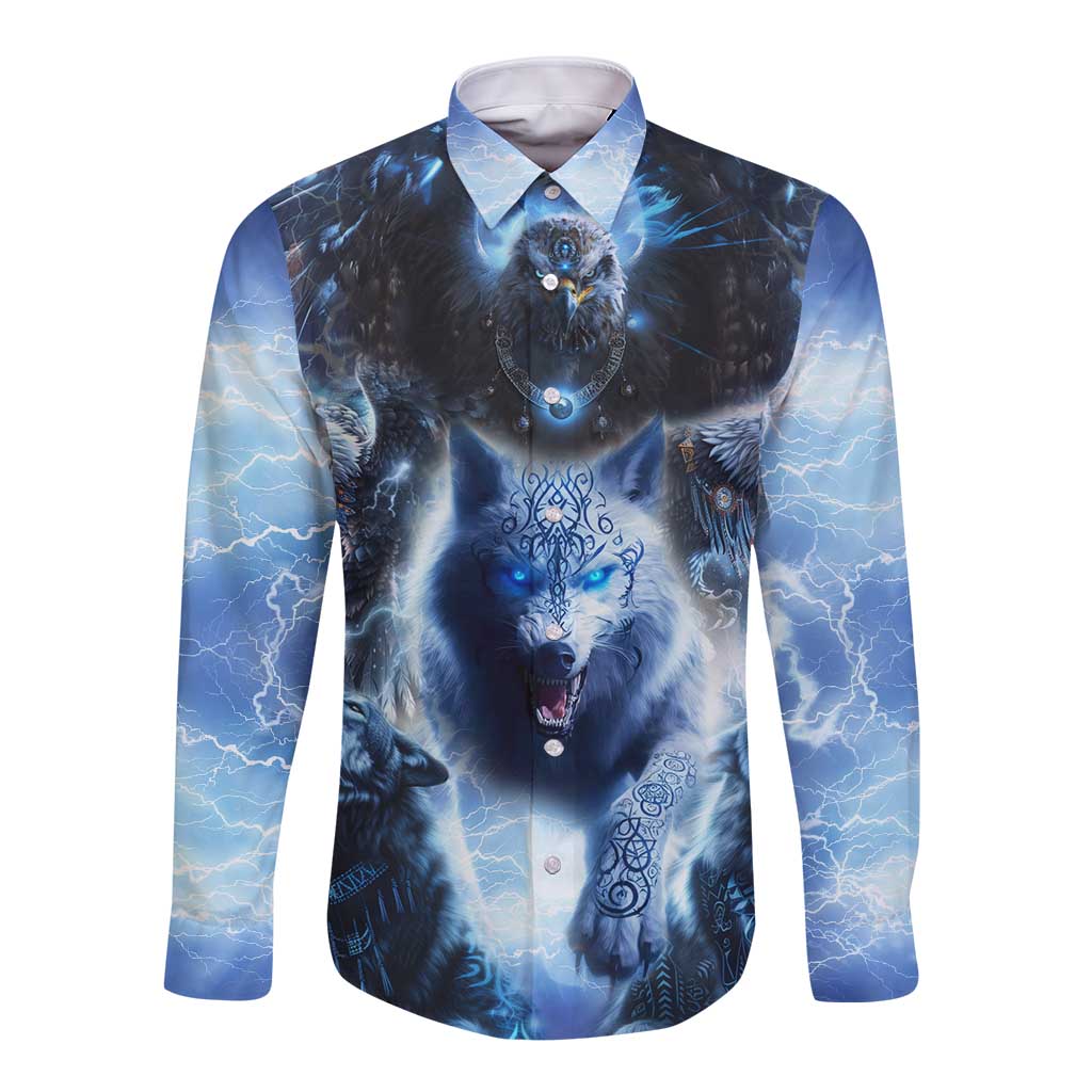 Blue long sleeve button shirt with bold wolf and eagle graphic, pointed collar