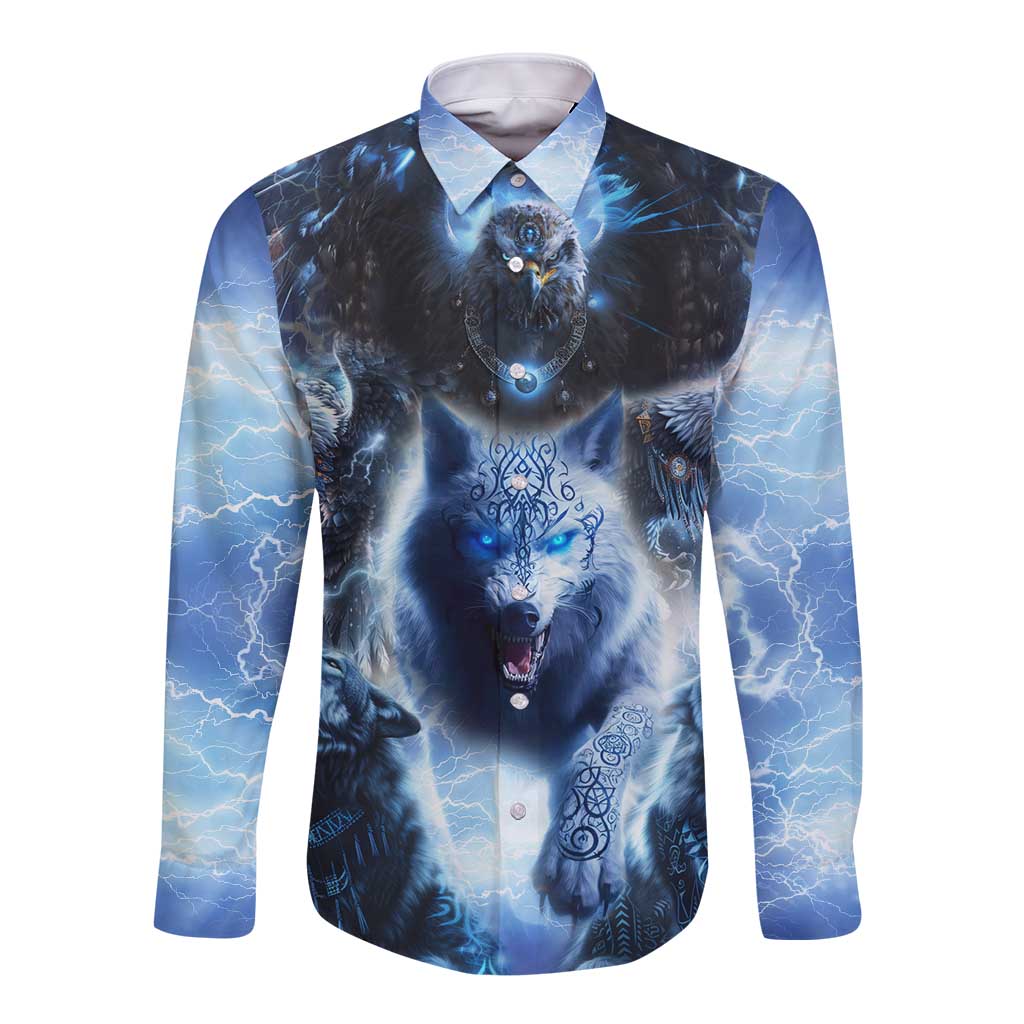 Native American Wolf And Eagle Long Sleeve Button Shirt Thunder Style - Wonder Print Shop