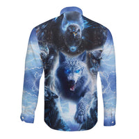 Blue long sleeve button shirt with wolf head and eagle motif, full front print