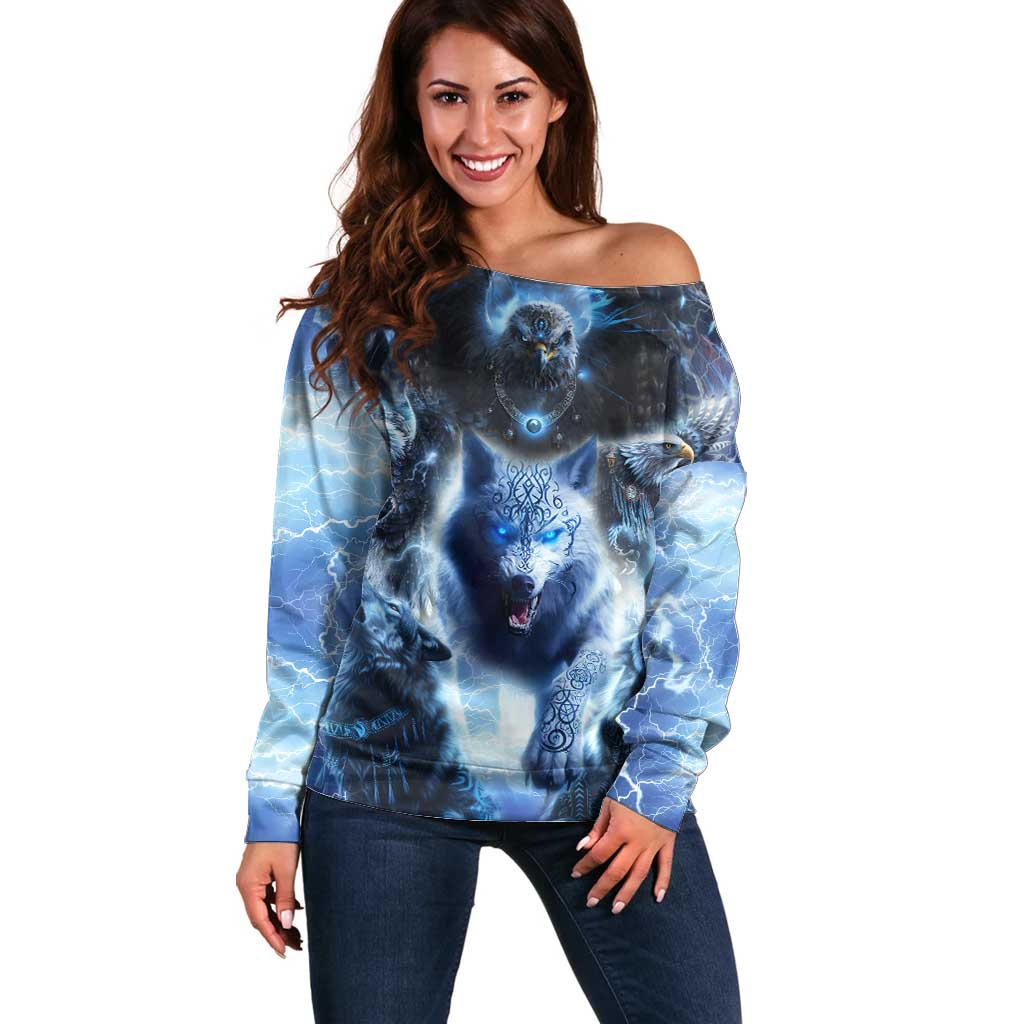 Native American Wolf And Eagle Off Shoulder Sweater Thunder Style - Wonder Print Shop