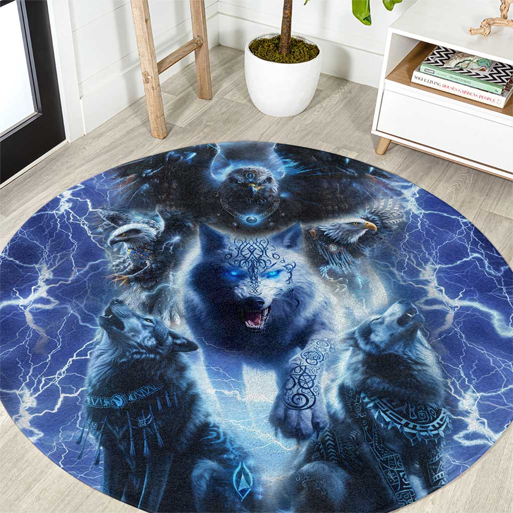 Native American Wolf And Eagle Round Carpet Thunder Style