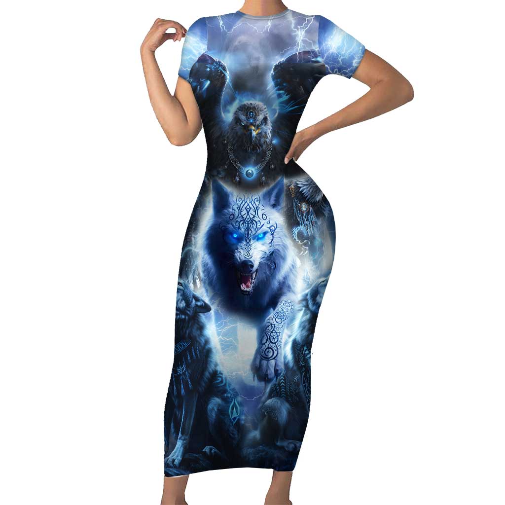 Native American Wolf And Eagle Short Sleeve Bodycon Dress Thunder Style