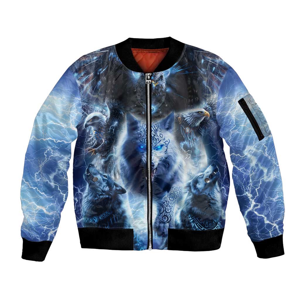 Native American Wolf And Eagle Sleeve Zip Bomber Jacket Thunder Style