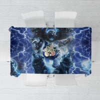 Native American wolf and eagle tablecloth, blue thunder pattern with wolf portrait